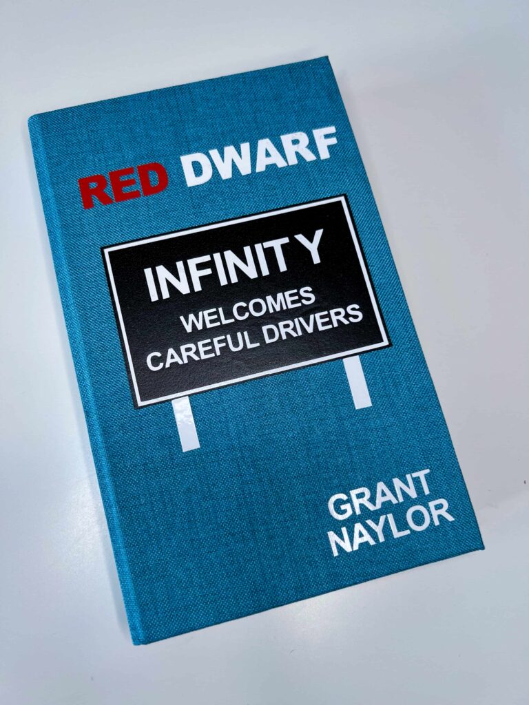A closeup of the newly bound Red Dwarf Book